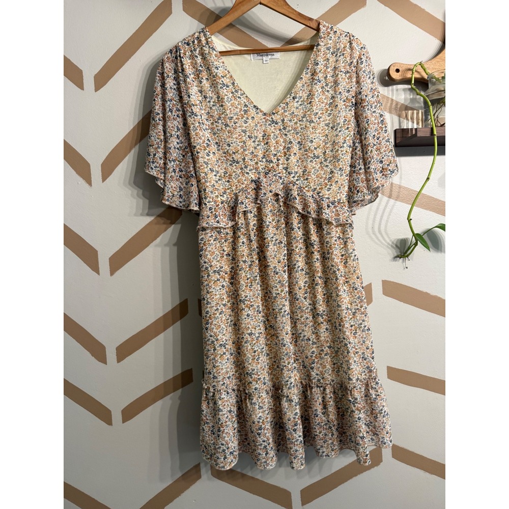 Manydress Mini Dress Womens Size M Tan Boho Floral V-Neck Flutter Sleeve Ruffle